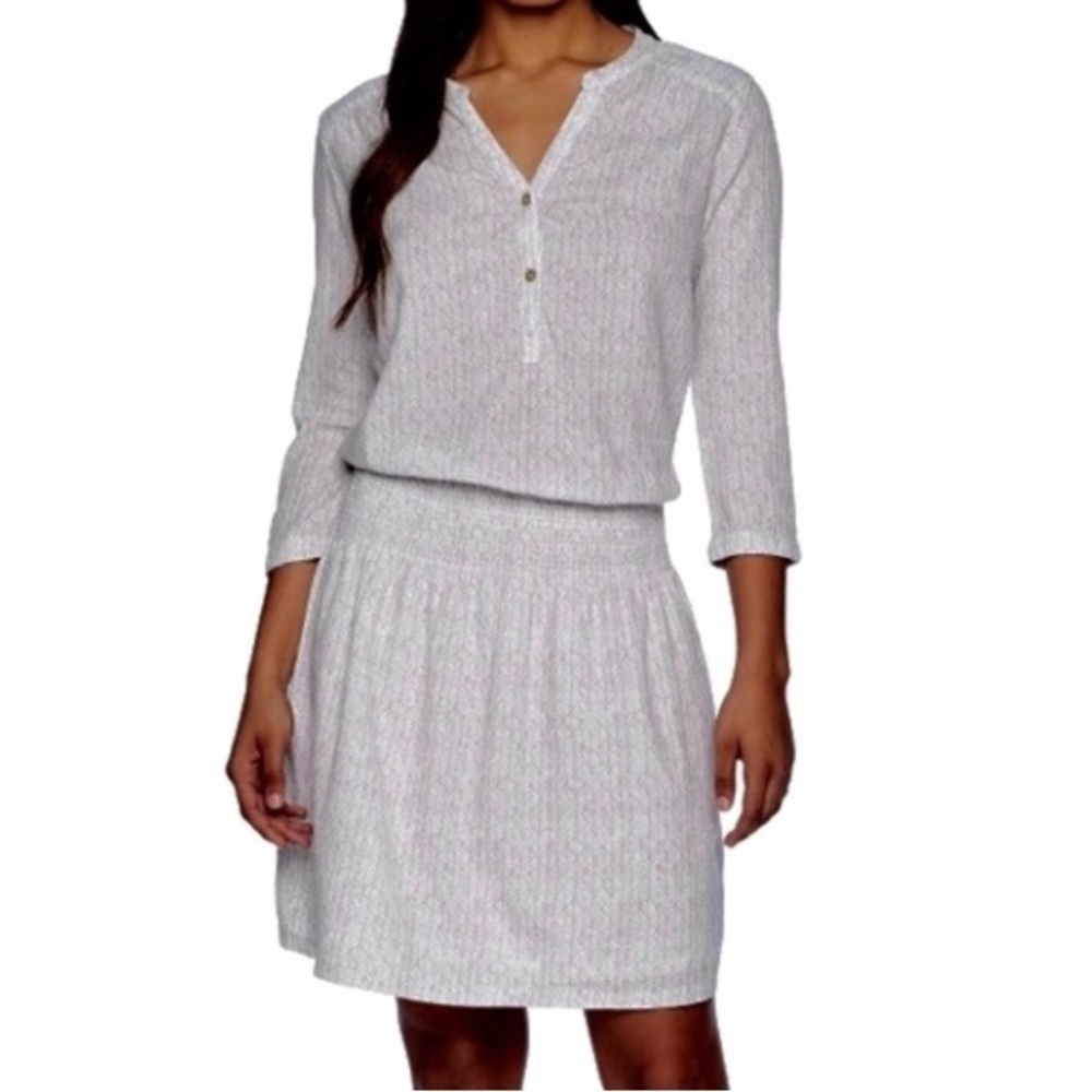 PrAna Sugar Pine 100% Organic Cotton White & Tan Leaf Print Dress - Size Medium